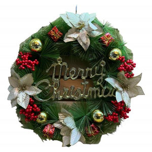 Christmas Christmas WreathGold Poinsettias With Red Berries "Merry Christmas" Green Red Gold 1Pcs/Opp