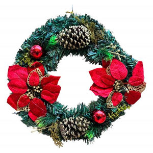 Christmas Christmas Wreath Poinsettias With Pine Cones Green Red Brown 