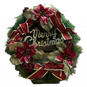 Christmas Christmas Wreath Poinsettias With Pine Cones And Bows Green Red Brown 