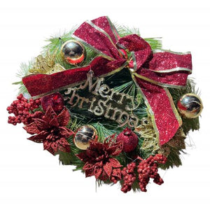 Christmas Christmas Wreath Poinsettias With Pine Cones Green Red Brown Gold 