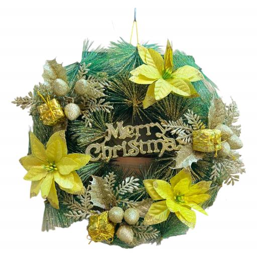 Christmas Christmas Wreath Poinsettias With Pine Cones And Bow Green Red Brown 