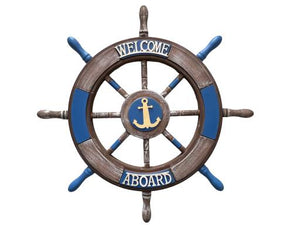 Blue Harbour Ship Wheel With Anchor And "Welcome Aboard" Blue Brown