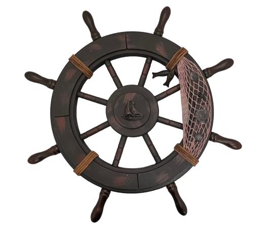 Blue Harbour Ship Wheel With Sailboat Fishing Net Fish Seashell & Starfish Dark Brown Red