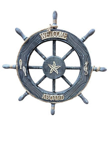 Blue Harbour Ship Wheel With Starfish Fish Seahorse & "Welcome Aboard" Gr Light Brown With White Shading