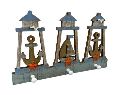 Blue Harbour Three Knob Cloth Hanger Lighthouse Shape With Anchors Sailboat Light Blue Brown