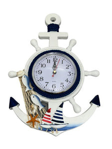 Blue Harbour Hanging Clock Anchor & Ship Wheel Shape With Fishnet Starfish Seashell Fish & Sailboat White Navy Blue