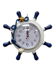 Blue Harbour Hanging Ship Wheel Shape Clock With Starfish & Seashells Navy Blue Red White