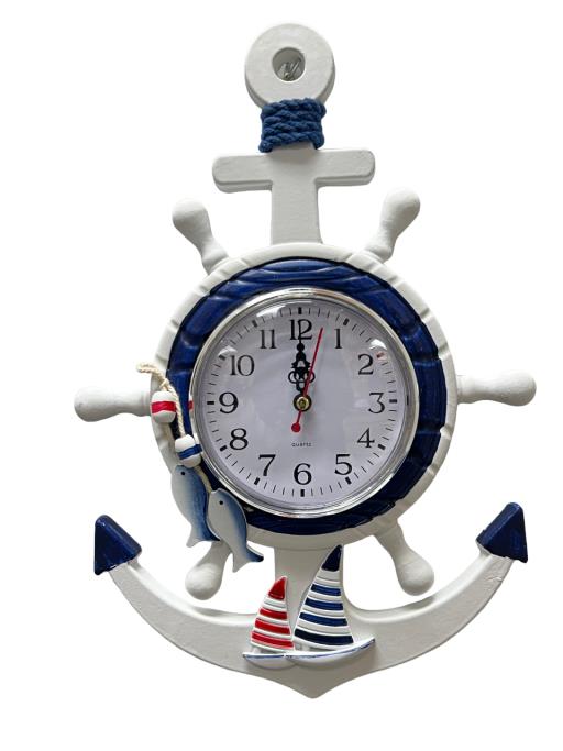 Blue Harbour Hanging Clock Anchor And Ship Wheel Shape With Buoys And Sailboat Navy BlueWhite