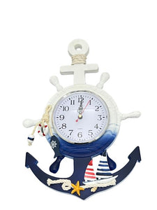 Blue Harbour Hanging Clock Anchor And Ship Wheel Shape With Sailboat Starfish Navy BlueWhite