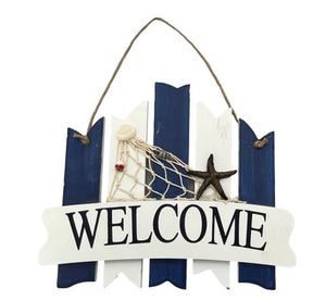 Blue Harbour Welcome Board With Starfish Sea Shells & Buoys White Navy Blue