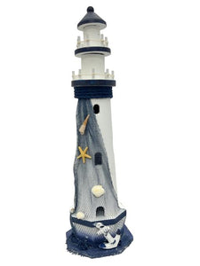 Blue Harbour Lighthouse With Anchor Fishnet Sea Shells & Starfish Navy Blue White