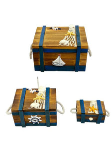 Blue Harbour Treasure Boxes Set Of 3 With Sea Shell Sailboat Starfish Seagull & Ship Wheel Navy Blue Brown