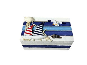 Blue Harbour Storage Box With 2 Sailboats Seagull And Sea Shells Navy Blue Light Blue White