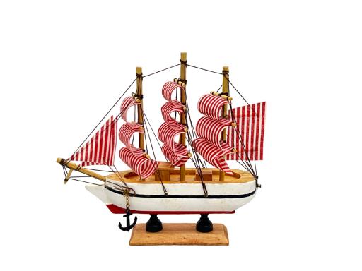 Blue Harbour Ships With Three Masts With Red Striped Sails Navy Blue Red White 