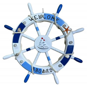 Blue Harbour Led Ships' Wheel With Rope" Welcome Aboard" Sailboat And Sea Shells Light Blue Blue White 