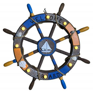 Blue Harbour Led Ships' Wheel With Rope" Welcome Aboard" Sailboat And Sea Shells Light Blue Brown Yellow 