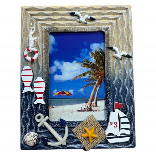 Blue Harbour Picture Frame 4X6 Fish Anchor Starfish Sailboat And Seagull Navy Blue Brown 