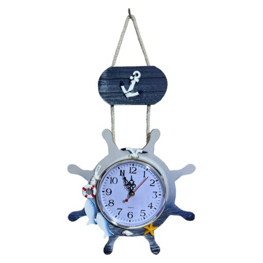 Blue Harbour Wall Clock Ships' Wheel Shape Fish Starfish Anchor And Seagull Navy Blue Brown 