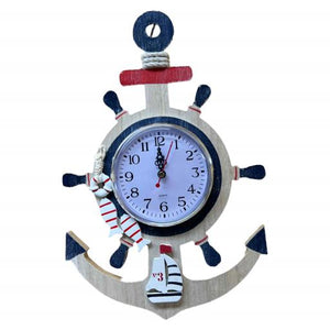 Blue Harbour Wall Clock Ships' Wheel And Anchor Shape Fish Sailboat Navy Blue Brown Red 