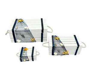 Blue Harbour Treasure Boxes With Fishing Net Set Of 3 White Navy Blue