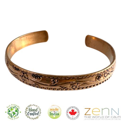 Zenn Pure Handmade Copper Plain Cuff Bracelet For Men And Women Engraved Floral Design Dia.7Inch Wt.24Gm Open-End Style Adjust To Fit Most Wrist Handcrafted 99.87% Cooper 0.10% Nickel 0.03%Zinc. Made In India - Packed In Canada.