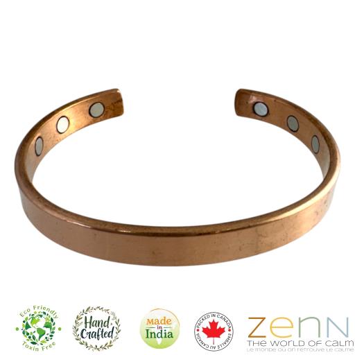 Zenn Pure Magnetic Copper Cuff Plain Bracelet For Men And Women Dia.6.8Inch Wt.28Gm 6 Pcs 3000 Gauss Neodymium Magnets Open-End Style Adjust To Fit Most Wrist Handcrafted 99.87% Cooper 0.10% Nickel 0.03%Zinc. Made In India - Packed In Canada.