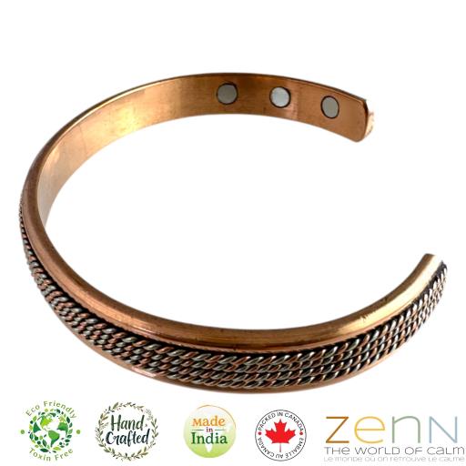 Zenn Pure Magnetic Copper And Silver Braided Dual Colour Bracelet Unisex Dia.6.8Inch Wt.27Gm 6X 3000 Gauss Neodymium Magnets Open-End Style Adjust To Fit Most Wrist Handcrafted 99.87% Cooper 0.10% Nickel 0.03%Zinc. Made In India - Packed In Canada.