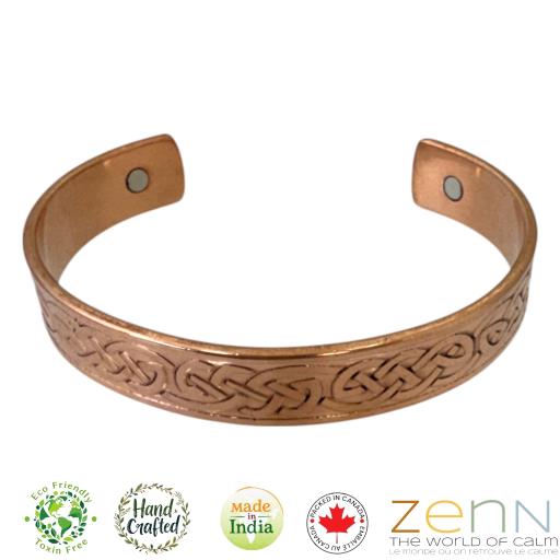 Zenn Pure Magnetic Copper Celctic Knots Cuff Bracelet Unisex Dia.6.8 Inch Wt.35Gm 2 Pcs 3000 Gauss Neodymium Magnets Open-End Style Adjust To Fit Most Wrist Handcrafted 99.87% Cooper 0.10% Nickel 0.03%Zinc. Made In India - Packed In Canada.