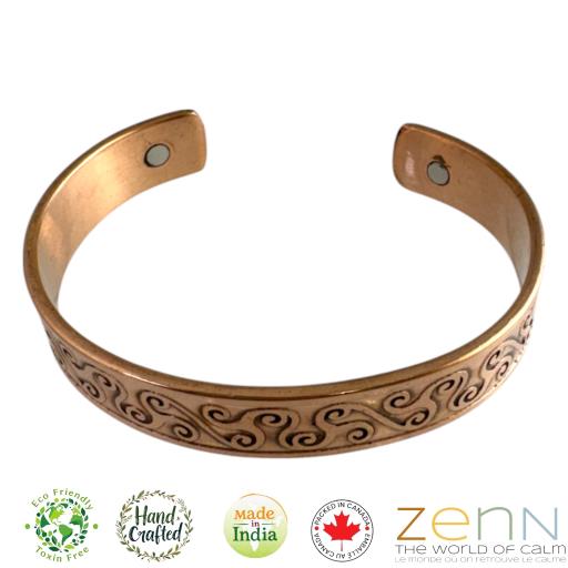 Zenn Pure Magnetic Copper Cuff Bracelet Unisex Engraved Triskele PatternDia.6.8Inch Wt.36Gm 2 Pcs 3000 Gauss Neodymium Open-End Style Adjust To Fit Most Wrist Handcrafted 99.87% Cooper 0.10% Nickel 0.03%Zinc. Made In India - Packed In Canada.