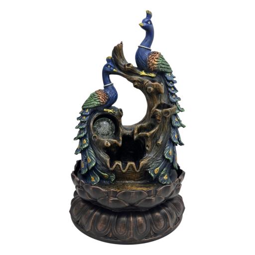 Zenn Fountain Two Peacocks Crystal Ball Brown Green Blue Golden Copper