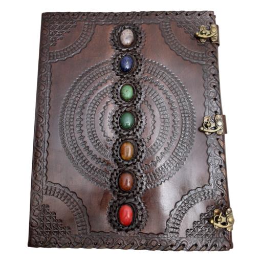 Zenn Seven Chakra Stone Handmade Leather Journal With 3 Locks Off White Hand Paper Dark Brown