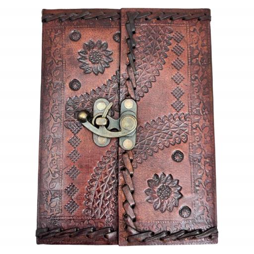 ZenN Hand Embossed Front Flap Handmade Leather Journal With Lock Dark Brown