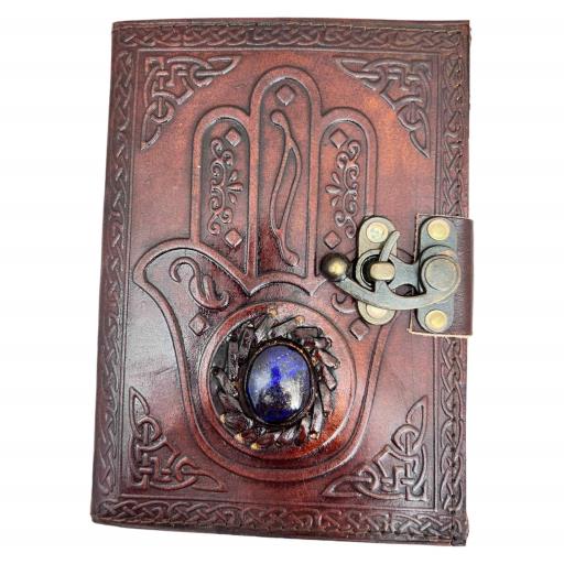 ZenN Hamsa Hand Handmade Leather Journal With Lapis Stone & Lock Dark Brown