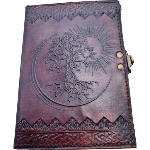 Zenn Tree Of Life With Sun & Moon Embossed Leather Journal One Front Lock Ivory White Hand Made Paper Brown
