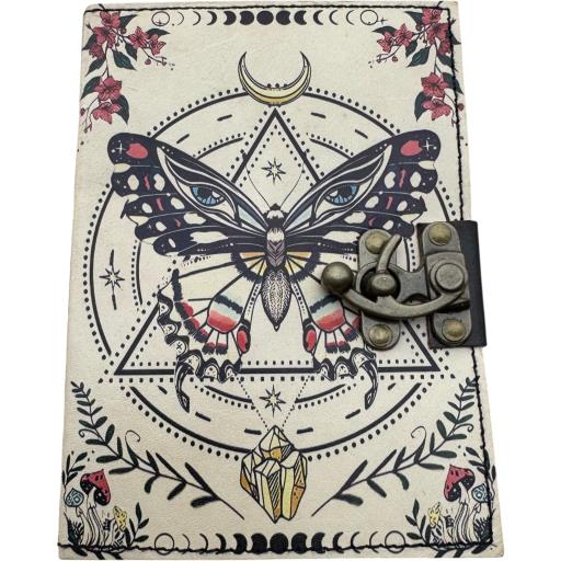 Zenn Butterfly With Illuminati Eye & The Moon Geometric Uv Print Leather Journal One Front Lock Ivory White Hand Made Paper Off White Red & Black