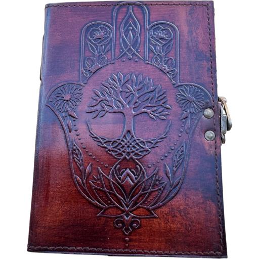 Zenn Hamas Hand & Tree Of Life Embossed Leather Journal With One Front Lock Ivory White Hand Made Paper Dark Red Brown