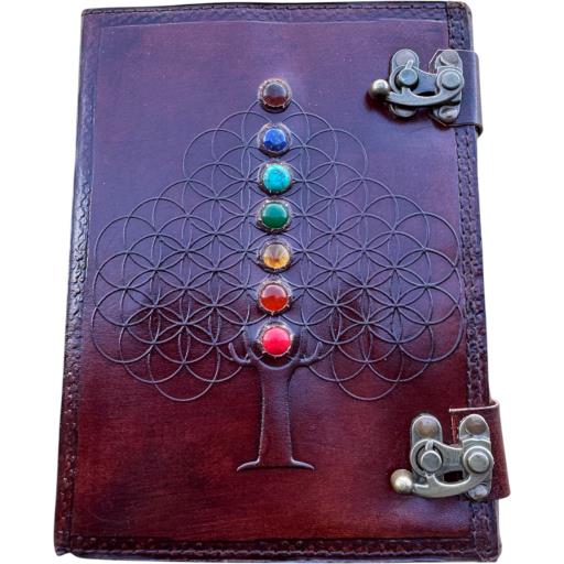 Zenn Flower Of Life Tree With Seven Chakra Stone Embossed Leather Journal Two Front Lock Ivory White Hand Made Paper Dark Red Brown Voilet Indigo Turquoise Blue Green Yellow Orange & Red