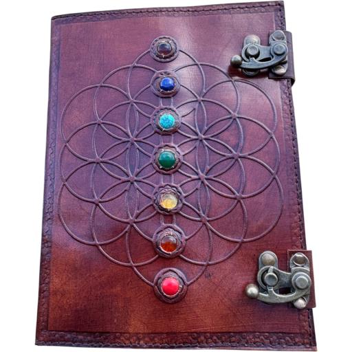 Zenn Flower Of Life With Seven Chakra Stone Embossed Leather Journal Two Front Lock Ivory White Hand Made Paper Dark Red Brown Voilet Indigo Turquoise Blue Green Yellow Orange & Red
