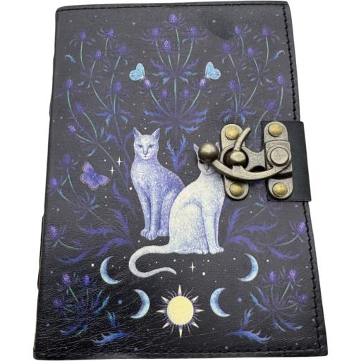 Zenn Two Cats Sun Moon Flowers & Butterfly Uv Print Leather Journal With One Front Lock Ivory White Hand Made Paper Black Blue Voilet Purple & White