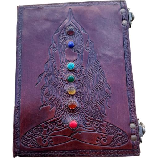 Zenn Seven Chakra Stone/ Kundalini Chakra Healing Embossed Leather Journal Two Side Lock Ivory White Hand Made Paper Dark Brown Voilet Indigo Turquoise Blue Green Yellow Orange & Red