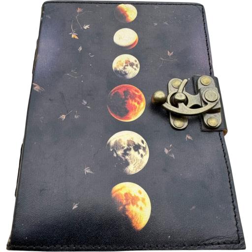 Zenn Moon Cycle Uv Print Leather Journal With One Front Lock Yellow Hand Made Paper Black Pale Yellow White & Red