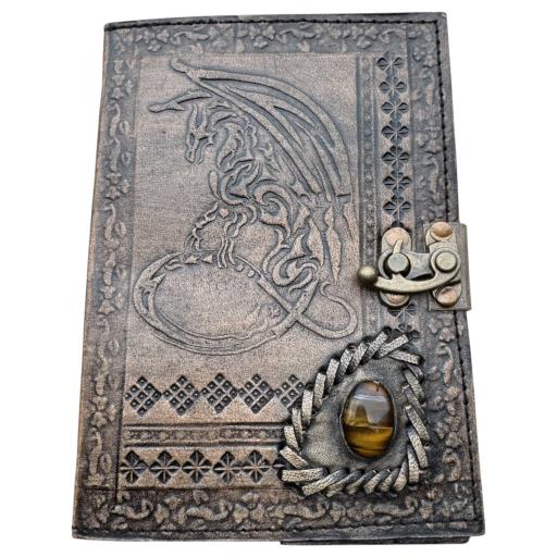 Zenn Dragon With Tiger Eye Stone Embossed Leather Journal One Front Lock Ivory White Hand Made Paper Vintage Light Brown
