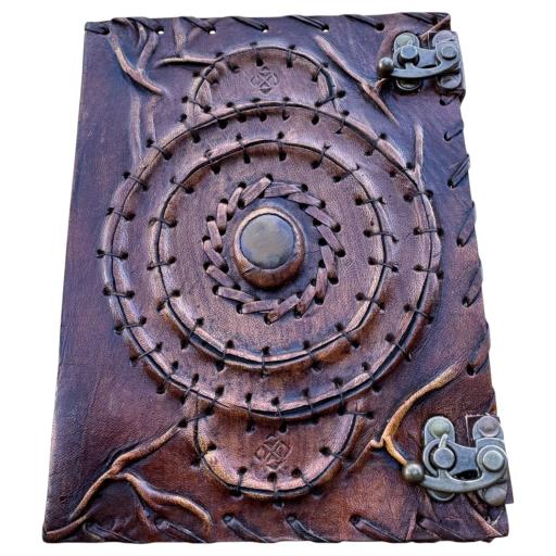 Zenn Antique Vintage Stitched Leather Journal With Tiger Eye Stone Two Front Lock Off White Hand Made Paper Rustic Brown