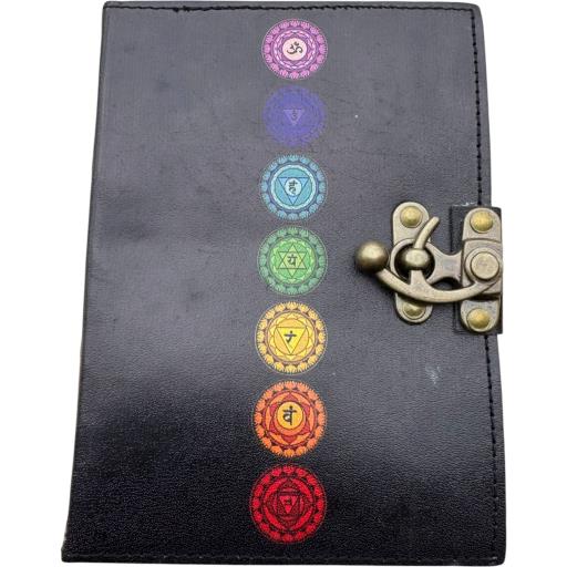 Zenn Seven Chakra Uv Print Leather Journal With One Front Lock Ivory White Hand Made Paper Black  Voilet Indigo Turquoise Blue Green Yellow Orange & Red