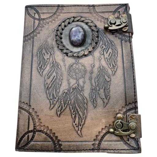 Zenn Dream Catcher With Amethyst Stone Leather Journal Ivory White Hand Made Paper Vintage Light Brown