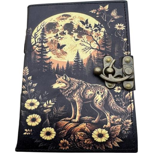 Zenn Wolf Moon & Night Sky Butterflies & Flowers Uv Print Leather Journal One Front Lock Ivory White Hand Made Paper Black Brown & Pale Yellow