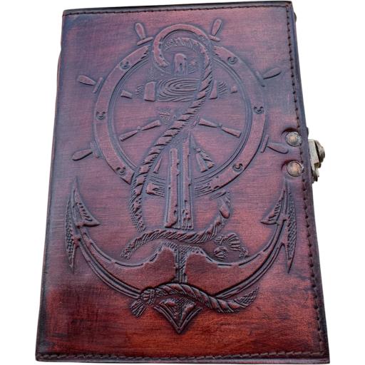 Blue Harbour Anchor & Ship'S Wheel Maritime Embossed Leather Journal With One Side Lock Ivory White Hand Made Paper Dark Red Brown