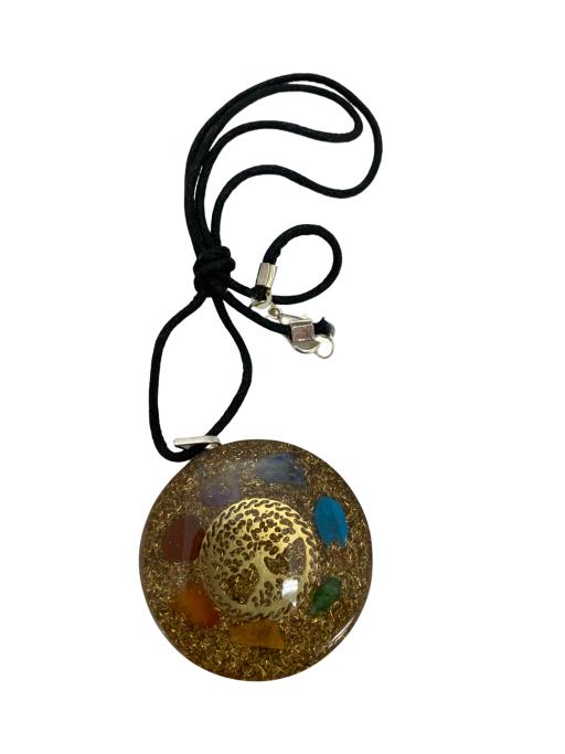 ZenN- Crystal & Gemstone Seven Chakra Copper Dust Orgonite Pendant With Tree Of Life Purple Blue Light Blue Green Yellow Orange Red