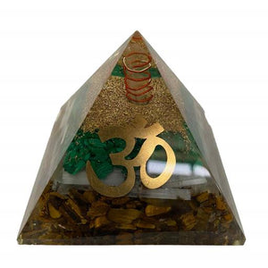 ZenN- Crystal & Gemstone Malachite Selenite Tiger Eye With Om Orgonite Pyramid Green Gold Silver Red