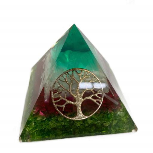 ZenN- Crystal & Gemstone Selenite Green Onyx With Tree Of Life Orgonite Pyramid GreenBlueRed White